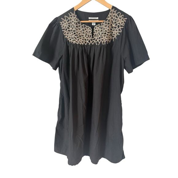 Go Softly Patio Dress Black Tan Embroidered Flowers Large Cotton‎ Blend Pockets! - Picture 1 of 9